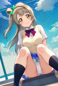 屋上にいる夏服姿の南ことりの座りパンチラ