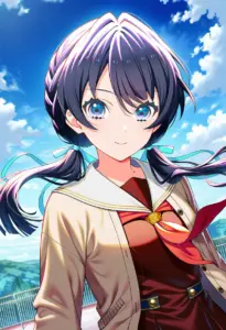 屋上にいる冬服姿の村野さやか、バストアップ