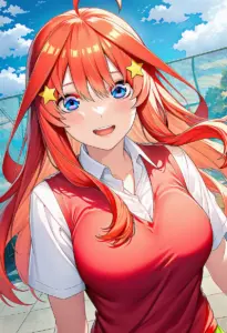 屋上にいる夏服姿の中野五月、バストアップ