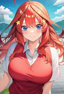 屋上にいる夏服姿の中野五月、バストアップ