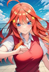 屋上にいる夏服姿の中野五月、バストアップ
