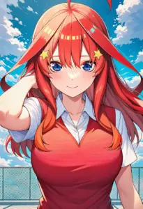 屋上にいる夏服姿の中野五月、バストアップ