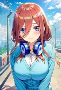 屋上にいる夏服姿の中野三玖、バストアップ