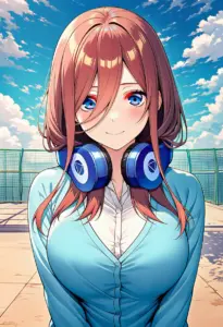 屋上にいる夏服姿の中野三玖、バストアップ