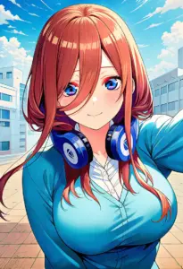 屋上にいる夏服姿の中野三玖、バストアップ