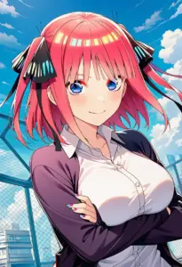 屋上にいる夏服姿の中野二乃、バストアップ