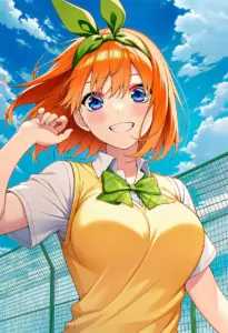 屋上にいる夏服姿の中野四葉、バストアップ