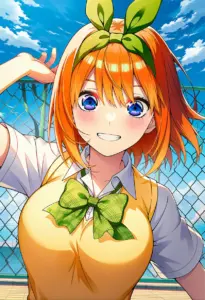 屋上にいる夏服姿の中野四葉、バストアップ