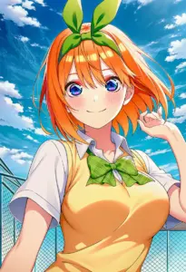 屋上にいる夏服姿の中野四葉、バストアップ