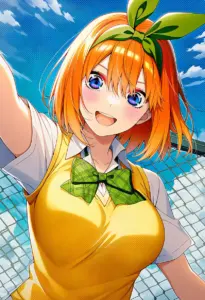 屋上にいる夏服姿の中野四葉、バストアップ