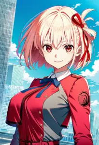 屋上にいる冬服姿の錦木千束、バストアップ