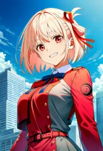 屋上にいる冬服姿の錦木千束、バストアップ