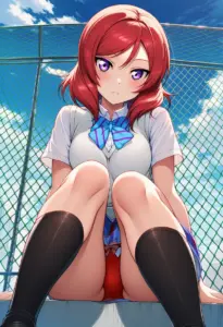 屋上にいる夏服姿の西木野真姫の座りパンチラ
