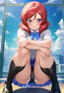 屋上にいる夏服姿の西木野真姫の座りパンチラ