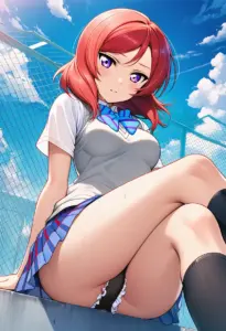 屋上にいる夏服姿の西木野真姫の座りパンチラ