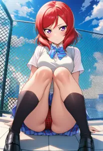 屋上にいる夏服姿の西木野真姫の座りパンチラ