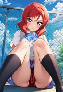 屋上にいる夏服姿の西木野真姫の座りパンチラ