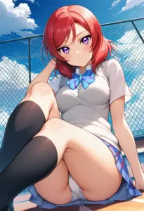 屋上にいる夏服姿の西木野真姫の座りパンチラ