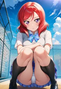 屋上にいる夏服姿の西木野真姫の座りパンチラ