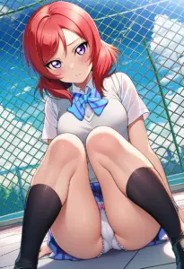 屋上にいる夏服姿の西木野真姫の座りパンチラ