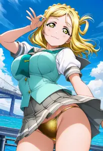 海辺にいる夏服姿の小原鞠莉のパンチラ