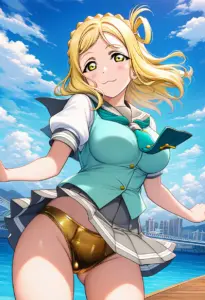 海辺にいる夏服姿の小原鞠莉のパンチラ