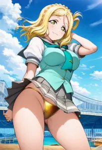 海辺にいる夏服姿の小原鞠莉のパンチラ