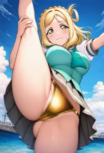 海辺にいる夏服姿の小原鞠莉のパンチラ