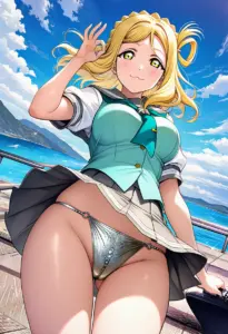 海辺にいる夏服姿の小原鞠莉のパンチラ