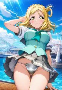 海辺にいる夏服姿の小原鞠莉のパンチラ