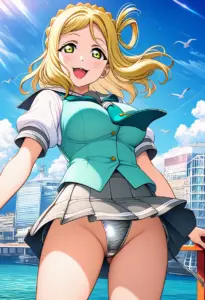 海辺にいる夏服姿の小原鞠莉のパンチラ