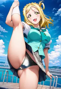 海辺にいる夏服姿の小原鞠莉のパンチラ