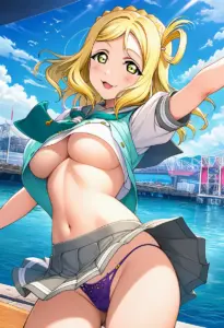 海辺にいる夏服姿の小原鞠莉のパンチラ
