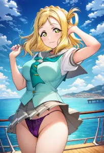 海辺にいる夏服姿の小原鞠莉のパンチラ