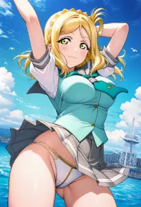 海辺にいる夏服姿の小原鞠莉のパンチラ