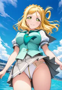 海辺にいる夏服姿の小原鞠莉のパンチラ