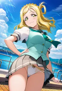 海辺にいる夏服姿の小原鞠莉のパンチラ