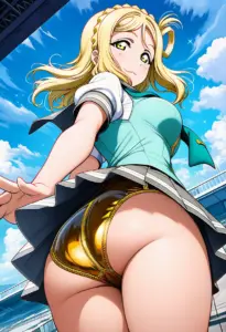 海辺にいる夏服姿の小原鞠莉の背面パンチラ