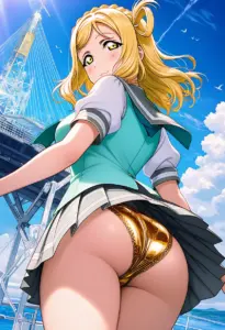 海辺にいる夏服姿の小原鞠莉の背面パンチラ