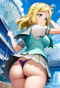 海辺にいる夏服姿の小原鞠莉の背面パンチラ