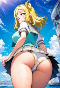海辺にいる夏服姿の小原鞠莉の背面パンチラ