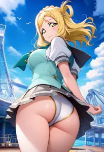 海辺にいる夏服姿の小原鞠莉の背面パンチラ