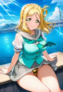 海辺にいる夏服姿の小原鞠莉の座りパンチラ