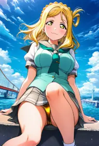 海辺にいる夏服姿の小原鞠莉の座りパンチラ