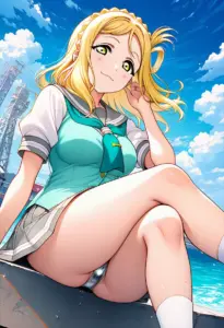 海辺にいる夏服姿の小原鞠莉の座りパンチラ