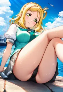 海辺にいる夏服姿の小原鞠莉の座りパンチラ