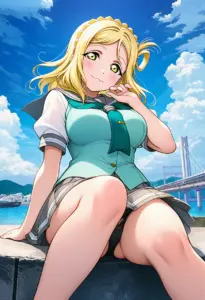 海辺にいる夏服姿の小原鞠莉の座りパンチラ