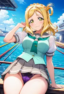 海辺にいる夏服姿の小原鞠莉の座りパンチラ