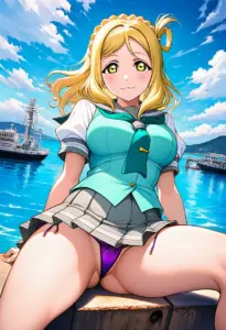 海辺にいる夏服姿の小原鞠莉の座りパンチラ