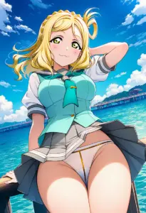 海辺にいる夏服姿の小原鞠莉の座りパンチラ